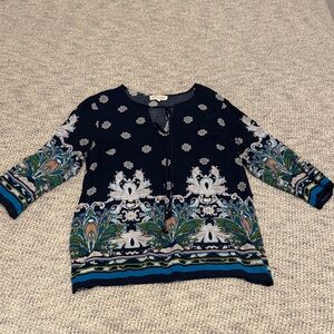 Lucy & Laurel Navy Boho Paisley Print Peasant Top Size Medium (NWT)